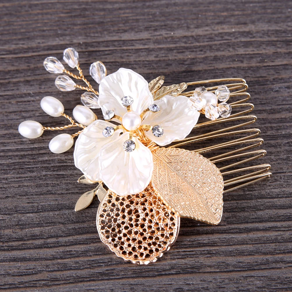 

1Pcs Elegant Wedding Hair Comb Bridal Pearl Rhinestone Beads Metal Leaf Flower Insert Comb Party Hair Accessory