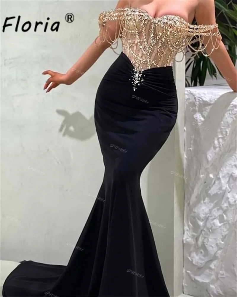 Mermaid Elegant Dubai Gold Black Prom Dresses Tassel Beading Corset Off the Shoulder Evening Party Dress Formal Occasion Gowns