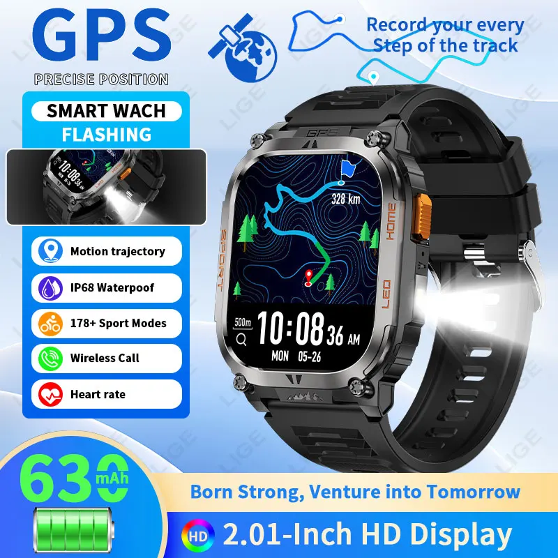 

LIGE GPS Tracker Smart Watch LED Flashlight 2.01‘’ HD Screen Compass Bluetooth Call Waterproof Sports Smartwatch For Android iOS