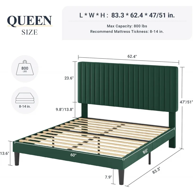 Queen Frame, Velvet Upholstered Platform Bed With Adjustable Vertical Channel Tufted Headboard, Mattress Foundation