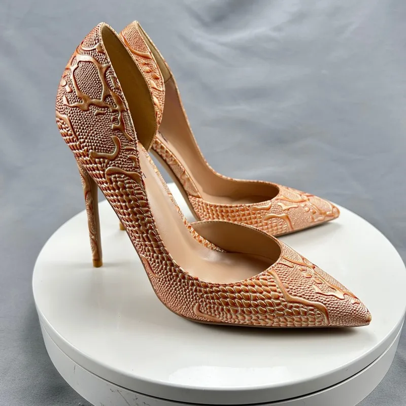 Tikicup Nude Embossed Crocodile Effect Women Pointy Toe Slip On High Heel Shoes Sexy Ladies Dress Stiletto Pumps 12cm 10cm 8cm