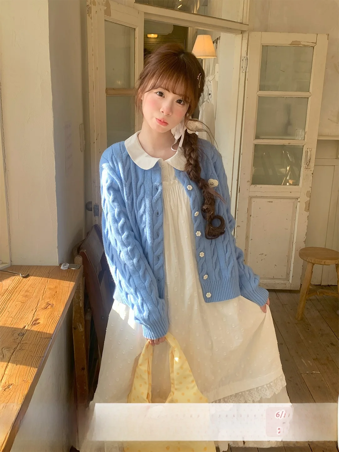 

Sinsingirl Moonlight Nana Blue Knitted Cardigan White Cake Dress Spring Set Girl's Regular Fit Lace Long Sleeve Pure Color