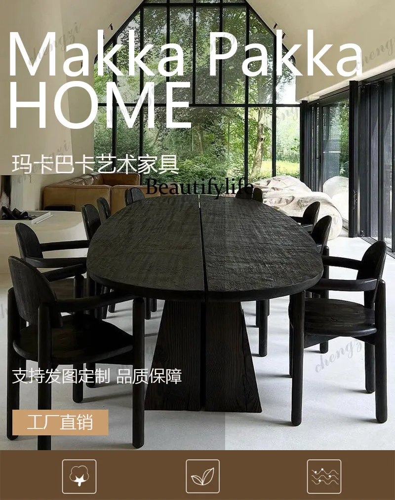 Vintage vintage black oval solid wood dining table, designer style minimalist modern home dining table