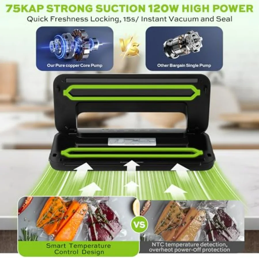75KPa 6in1 Automatic Vacuum Sealer Machine for Home Food Preservation with Digital Display and Pulse Function Dual Modes for Dr