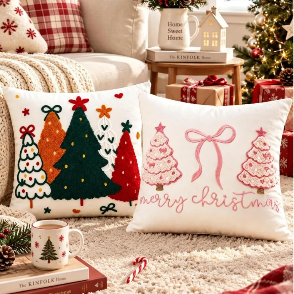 Pink Christmas Pillow Covers Embroidery Pastel Lumbar Case Colorful Throw Pillow Cover Cute Cushion Case, Preppy Holiday Gift