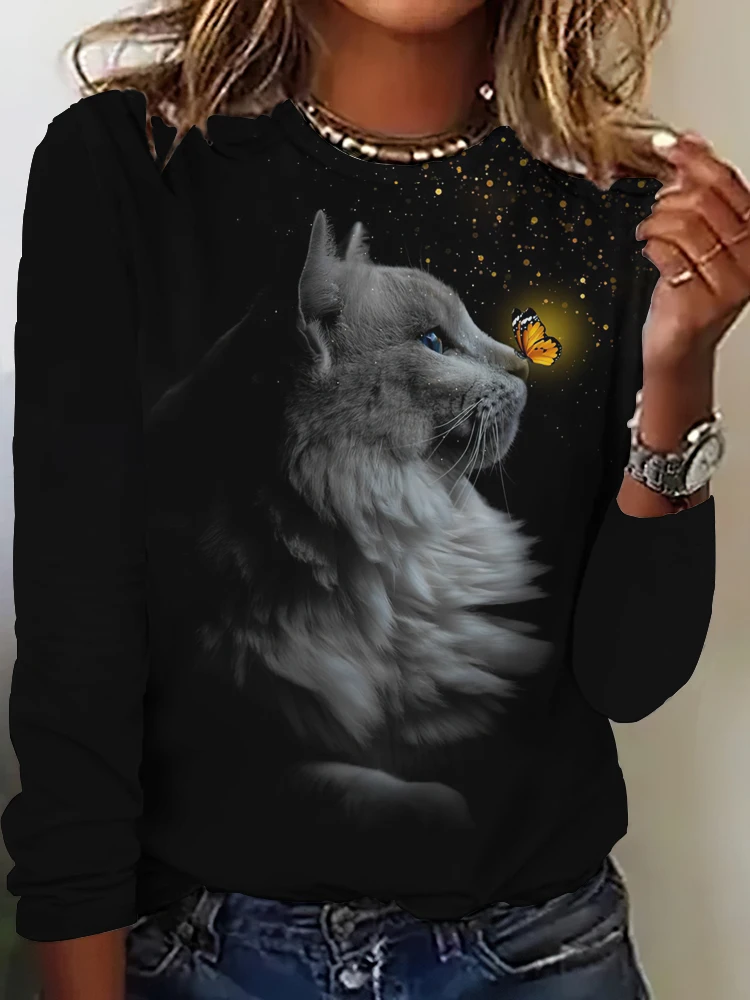 Women's Long Sleeve T-Shirt Cute Cat Pattern 3D Print Autumn Street Casual Fall Round Neck Oversized Clothing Outdoor T Shirts