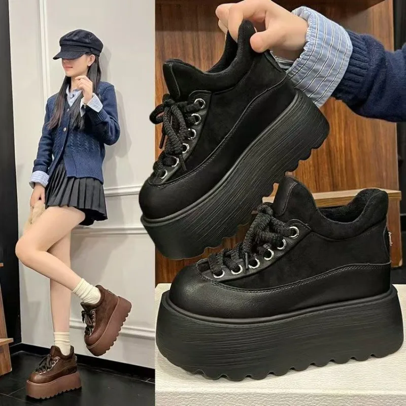 

Women Winter Thick Plush Up Loafers Imitation Deer Skin Splicing Round Toe Shoes 6cm Thick Sole Casual Shoes Leather Autumn