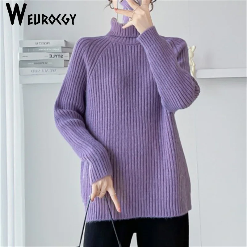 Women's Autumn Winter New High Neck Pullover Premium Feeling Fine Flash Loose Long Sleeve Knitted Sweater Fashion Casual Tops