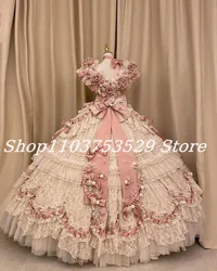 Ivory Pink Cute Victorian Lolita Prom Dresses Luxury Bowknot Rosette Scarlett Fluffy Lace Evening Cosplay Customised 2025