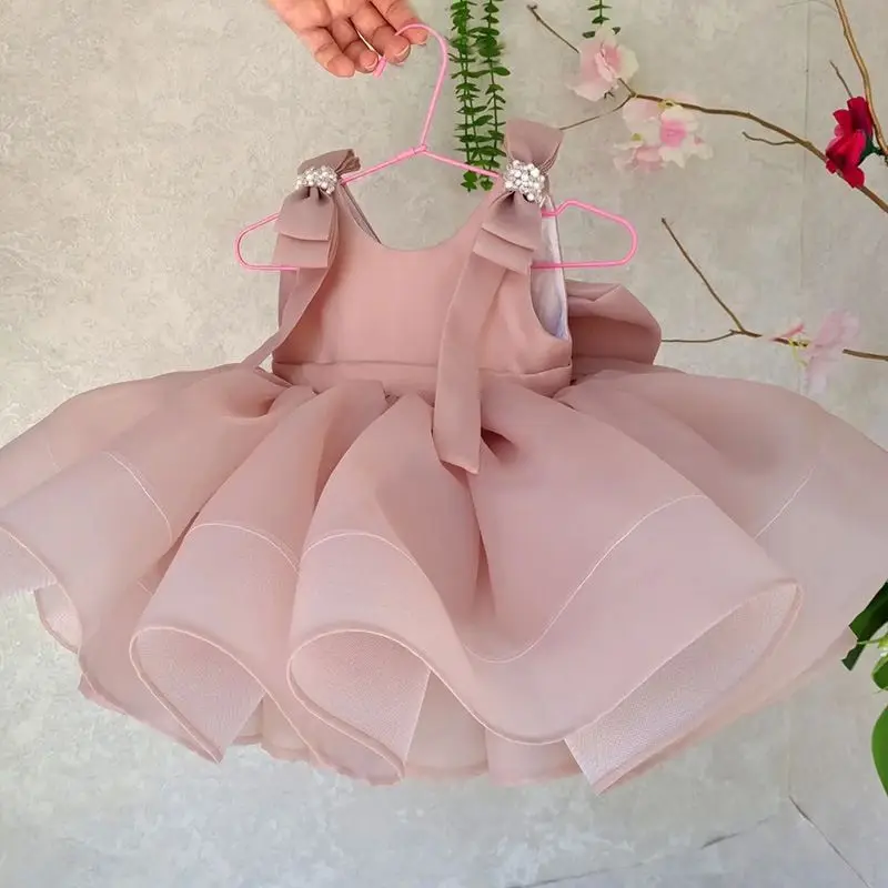 Girls Princess Dress Pink Satin with Bow Fashionable and Versatile Beautiful Puffy Dress for Shows and Parties