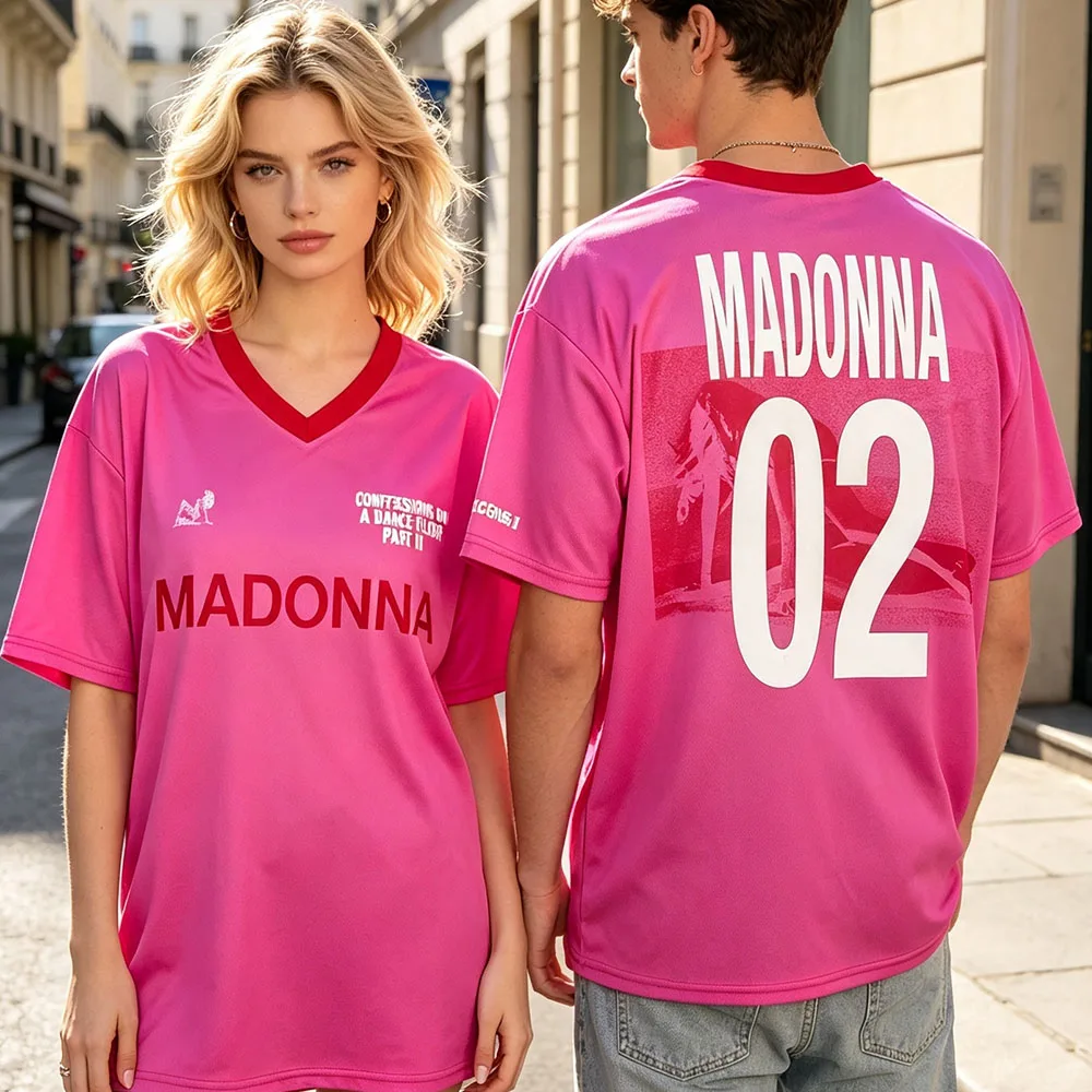 Pink MADONNAA CONFESSIONS II JERSEY V-neck Short Sleeve Loose Men Women T-shirt Summer Casual Unisex Streetwear Graphic Merch