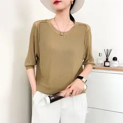 New Spring and Summer Women's Solid O-Neck Half Sleeve Loose Plus Size Pullovers Embroiled Flares Hollow Out Fashion Tops