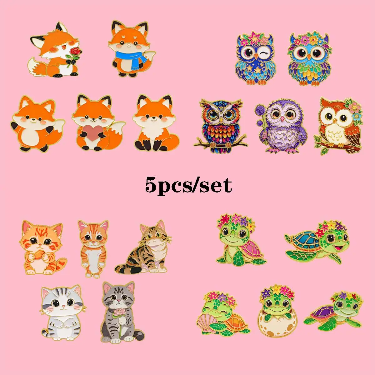 Cute Forest Animal Metal Enamel Pins Cat Fox Owl Turtle Brooches Badge on Backpack Clothing Accessories Jewelry Gift for Friends