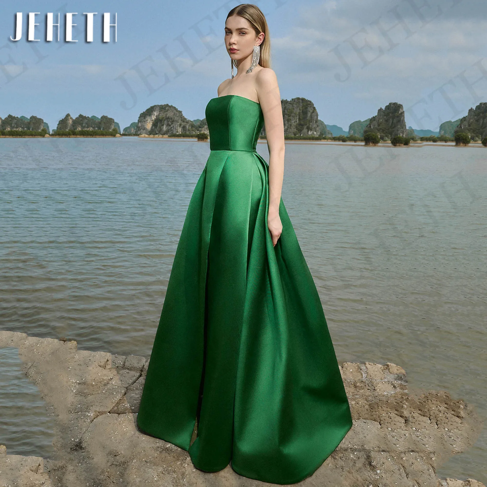 JEHETH Gold Simple Evening Dresses For Women 2024 Elegant A Line Satin Split Wedding Guest Dress kleider für besondere anlässe