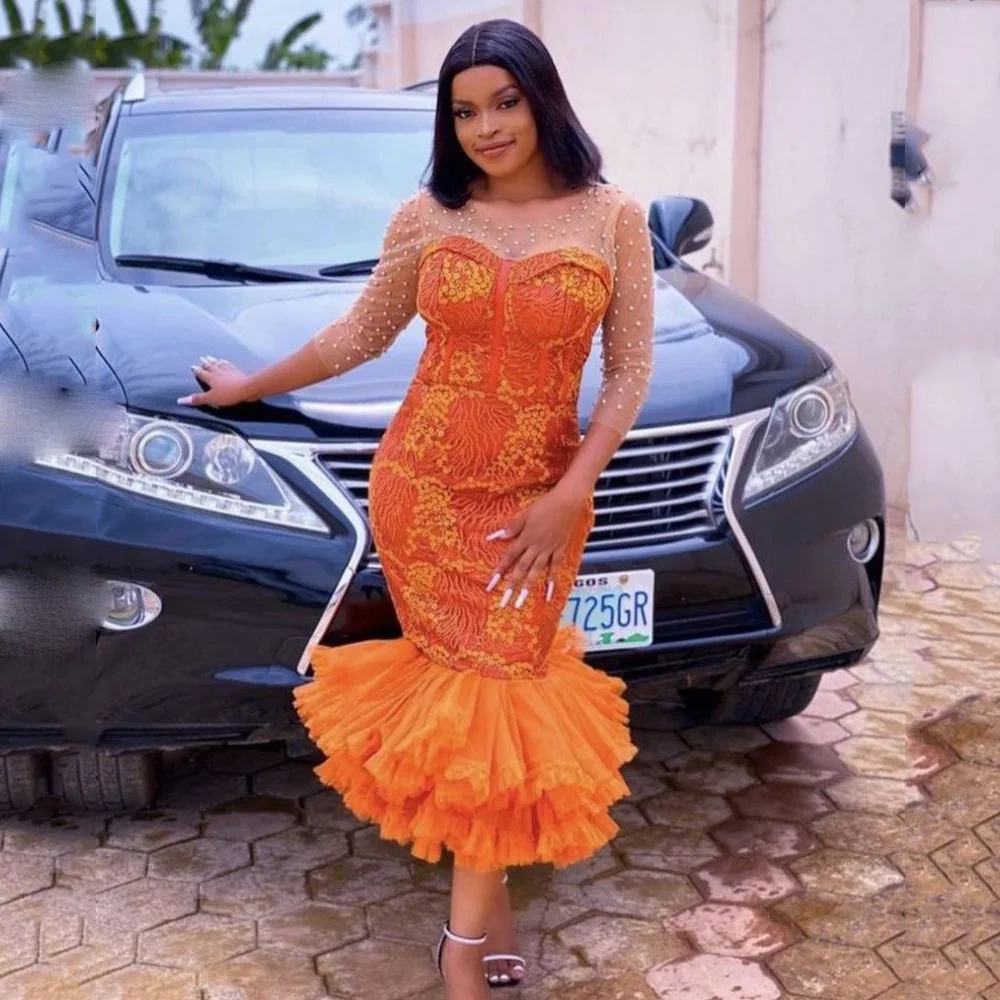 Moda laranja rendas ilusões vestidos de baile aso ebi vestido de festa frisado plissado tule vestidos de noite para mulher