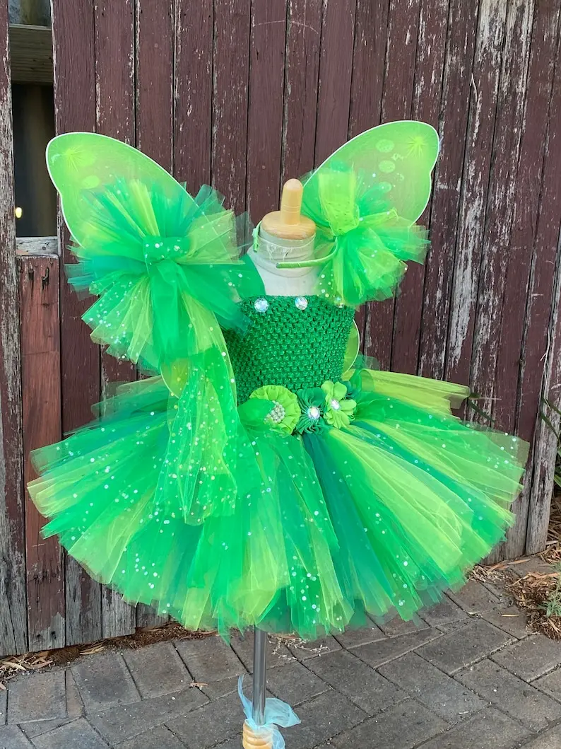 Sparkly Shade of Green and White Fairy Tutu Dress Blue Girls Clothes for Halloween Party Fairy Tutu Dress with Wings Birthday