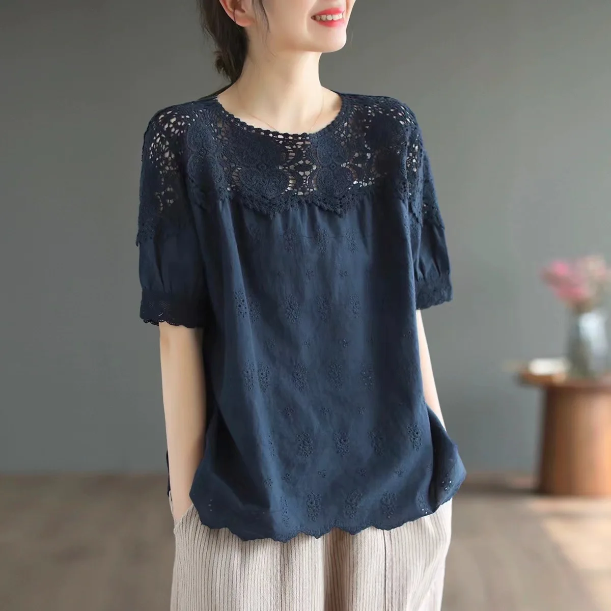 New Spring Cotton Short Sleeve Shirt Women Lace Hollow Out O Neck Top Girl Loose Sweet Chic Casual Blouse 2024 Summer T45947QM