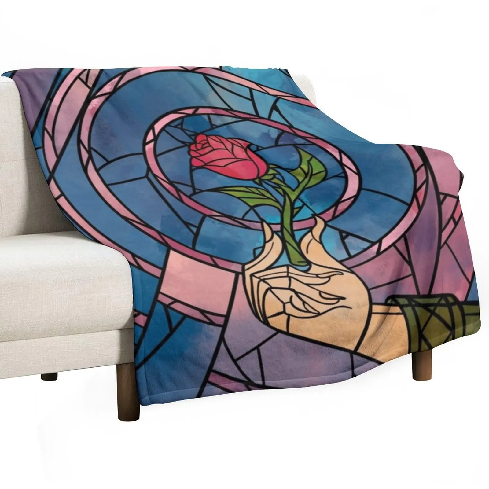 Stained Glass Enchanted Rose Throw Blanket Flannel Fabric christmas decoration Large Blankets