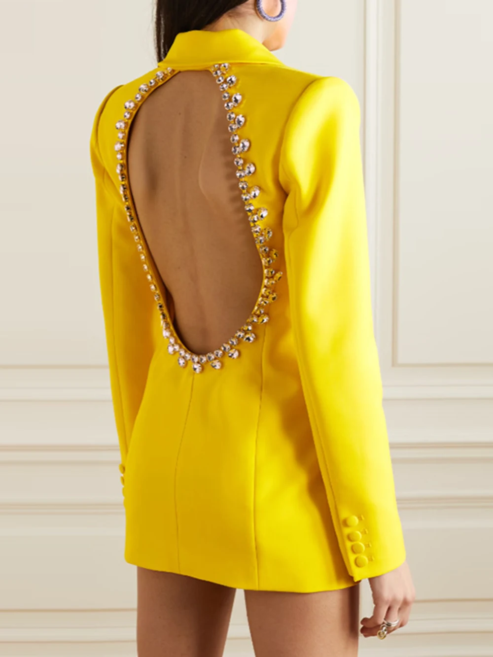 Modphy Fashion Yellow Sexy diamond Backless design Blazers For Women Slim Long Jackets 2023 New Office Ladies Outerwear