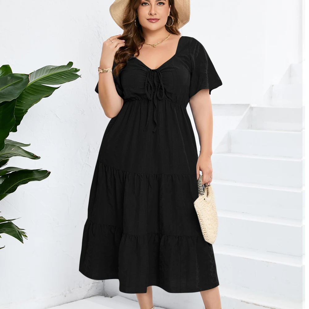 Plus Size Dress For Women Summer Long Dress Short Sleeve Dress High Waist Sexy V Neck Elegant Chic Streetwear Clothing Ladies - Image 4