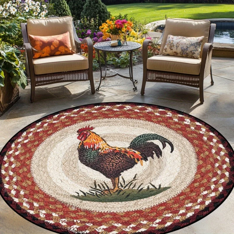 VIKAMA Farmhouse Rooster Runder Teppich, geflochtener, rutschfester runder Teppich, Vintage-Bodenmatte im Landhausstil für Terrasse, Wohnzimmerteppich