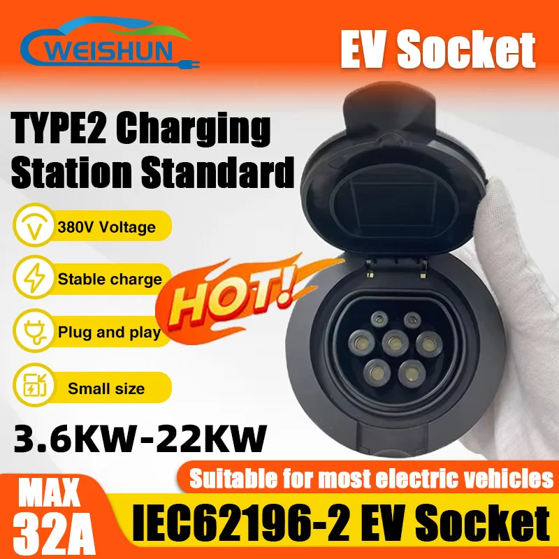 IEC 62196-2 Type 2 Socket 32A Electric Vehicles AC Charging Pole Socket Type2 female socket Single/three Phase 220V