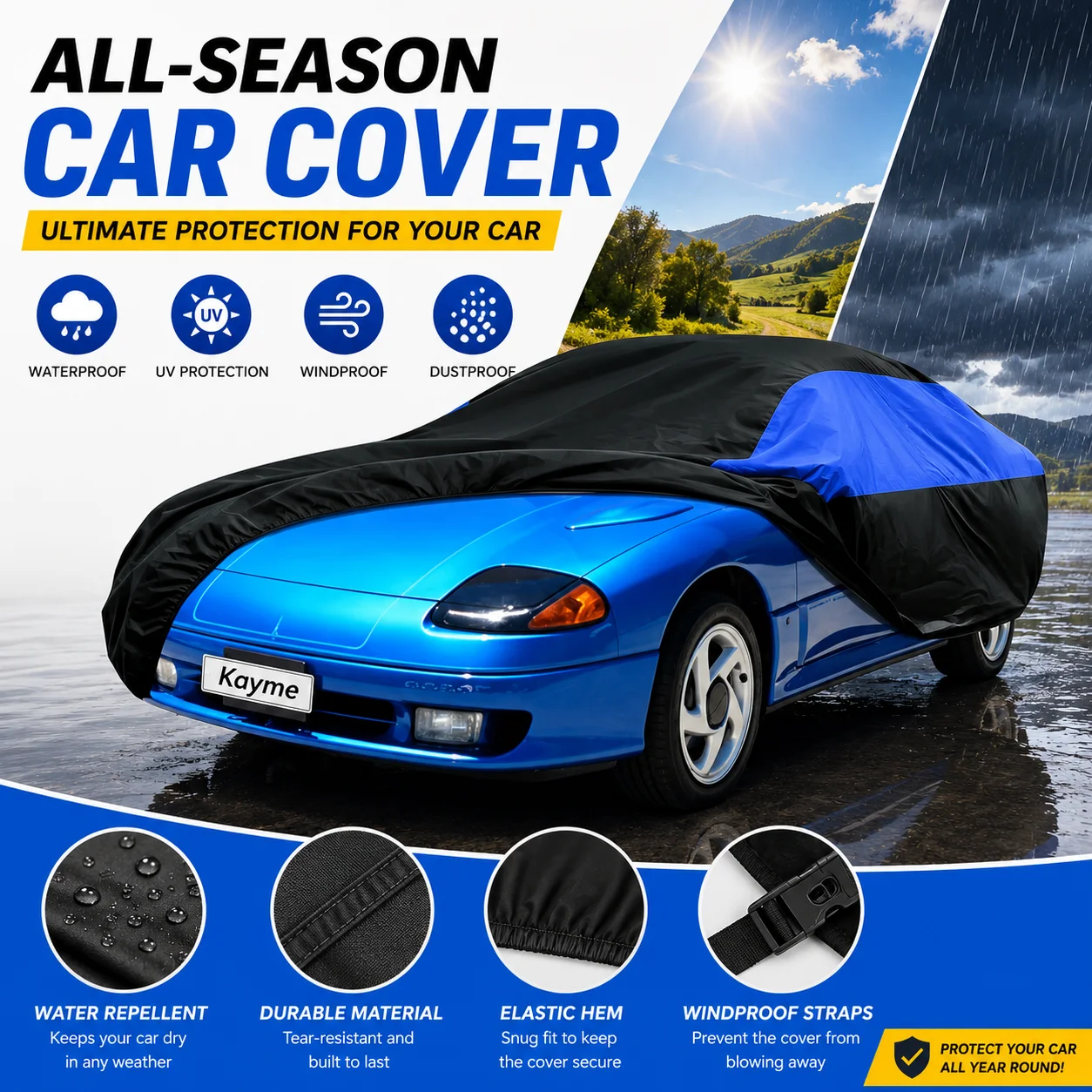 

Sedan Car Cover Outdoor Indoor Waterproof All Weather Protection Sun UV Rain Dust Snow Wind Fit for 185 x 70 x 59 inches