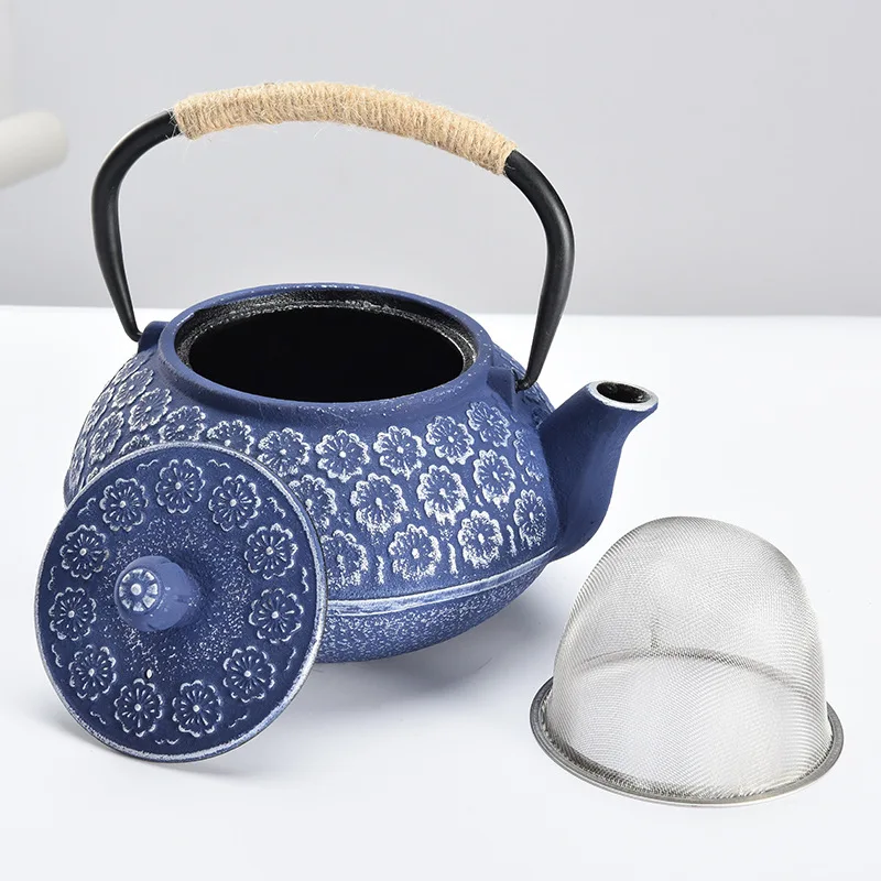 

Japanese Style Cast Iron Teapot for Boiling Water and Brewing Tea, Blue Cherry Blossom Pattern, tea infuser tea kettle