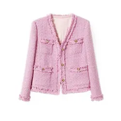 Fashion Korean Tweed Pink Jacket For Women Autumn Winter 2024 New Vintage Long SleeveHigh Quality Coat Female Cloth Outwear Tops