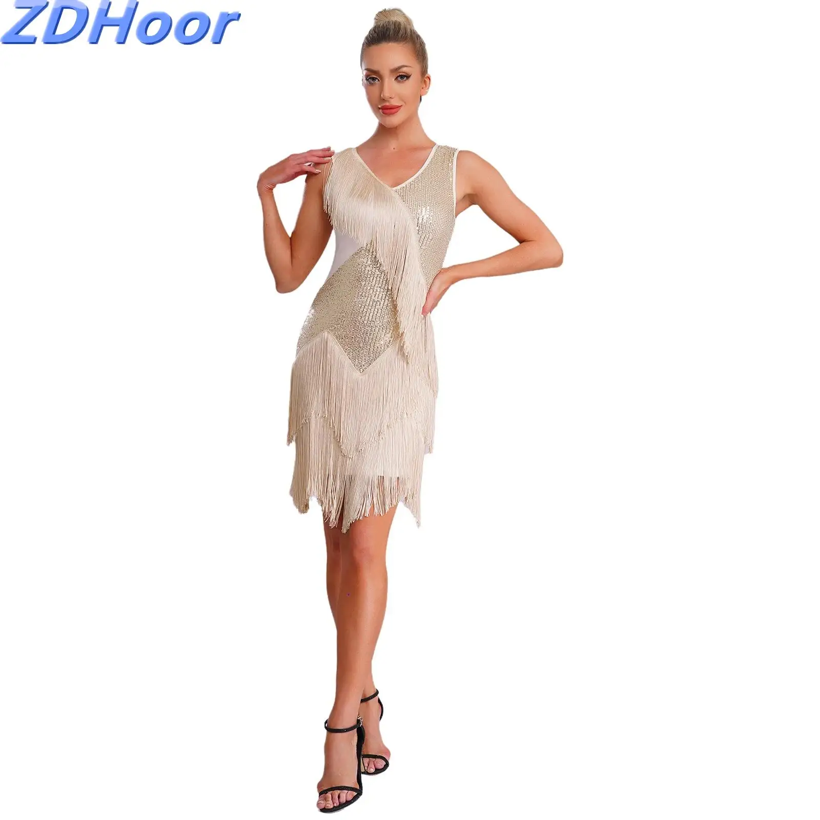 

Womens Latin Salsa Dance Dress Tassel Glittery Sequin V Neck Sleeveless Fringe Bodycon Mini Dress for Chacha Tango Ballroom