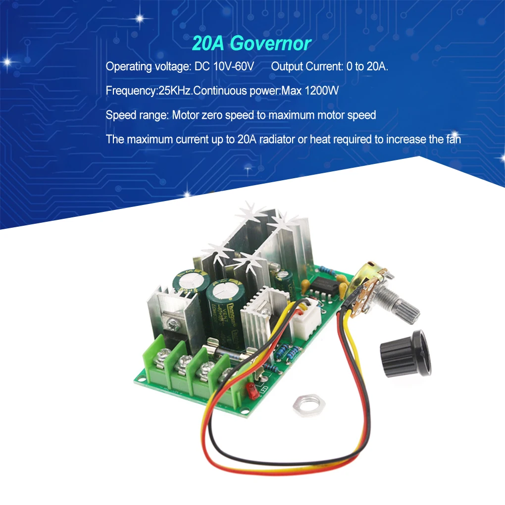 Voltage Regulator DC10V-60V Governing Switch 1200W Iron Plastics Motor Governor Compact Size LED Dimming Drive Modules