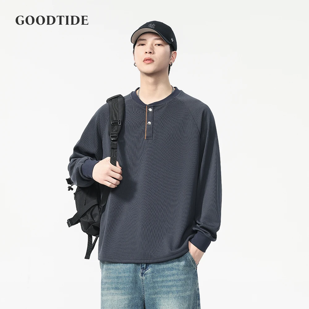 

Fashion Men's American Retro Henry Collar Sweatshirt 2025 New Autumn Loose Vertical Pattern Long-Sleeved Top Pullover