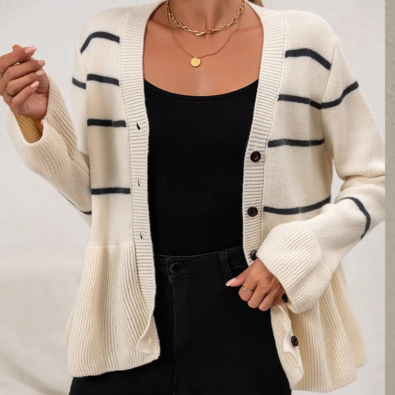 Pull à manches longues en tricot ample et rayé, col en v, Cardigan européen et américain, vêtements pour femmes, nouvelle collection automne/hiver
