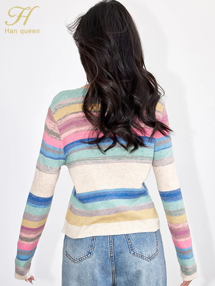 H Han Queen 2024 Autumn Korean Striped Knit Pullover T-Shirts Crop Top Vintage Casual Work Wear Office Fashion Women\'s Clothing