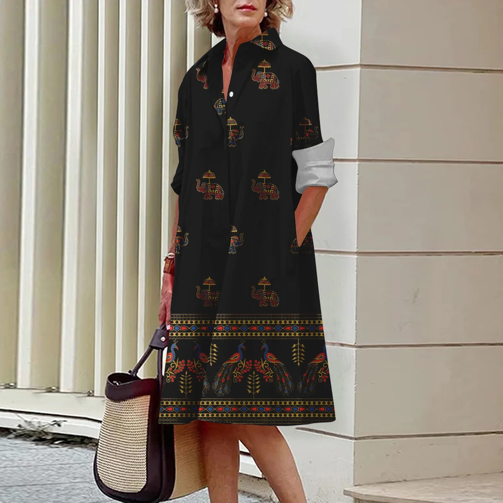 2024 New Women\'s Shirt Dresses Women\'s Exquisite Vintage Printed Dresses Autumn Lapel Long Sleeve Single Breasted Dresses