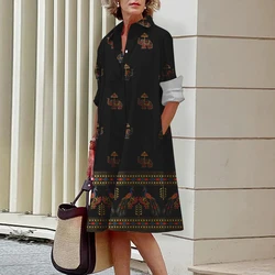 2024 New Women's Shirt Dresses Women's Exquisite Vintage Printed Dresses Autumn Lapel Long Sleeve Single Breasted Dresses