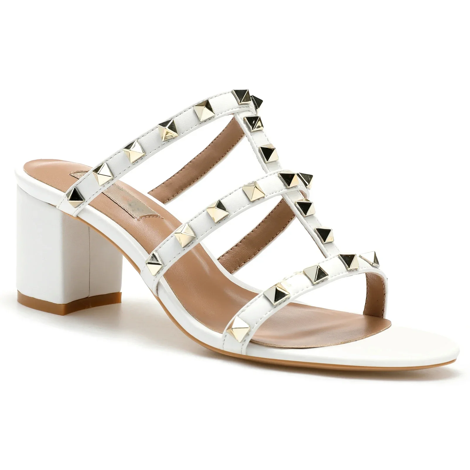 【Measure your feet length before order】Rivets Strappy Luxury Designer Women Elegant Slide Sandals Block High Heel Shoe 75-CHC-33