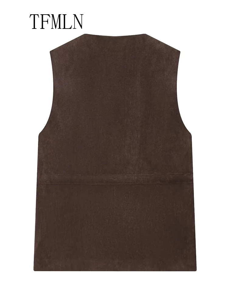 معاطف نسائية غير رسمية بسحاب موضة خريف 2025 على شكل حرف v بدون أكمام برباط أنيق ملابس الشارع الشهير جيوب عتيقة سترات متينة #3