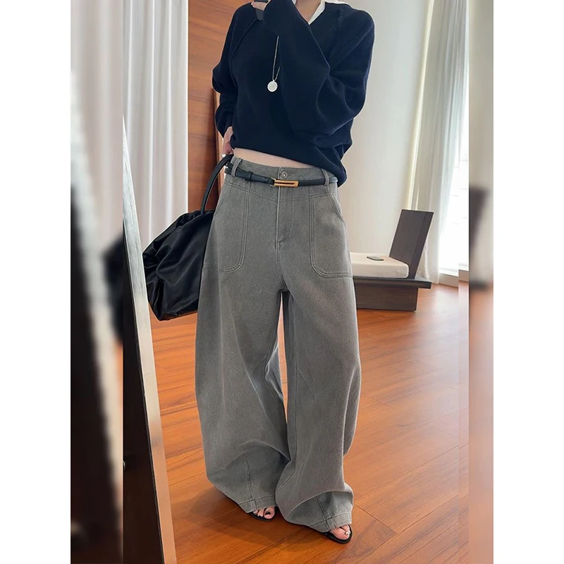ZHIZOU Amerikaanse vintage jaren 2000 stijl hoge taille grijze jeans broek herfst dames baggy Y2K wijde pijpen denim broek vrouwelijke kleding