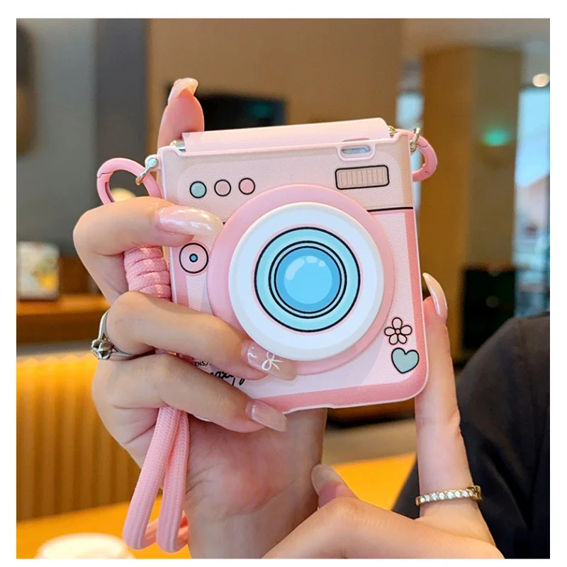 Cute magnetic folding phone case for Honor Magic V Flip V Flip 2 back cover with wrist strap and kickstand