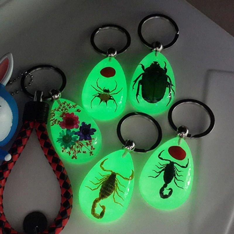 Luminous Amber Insect Keychain Black Scorpion Resin Key Ring Glow in the Dark Pendants with Insect Sample Inside