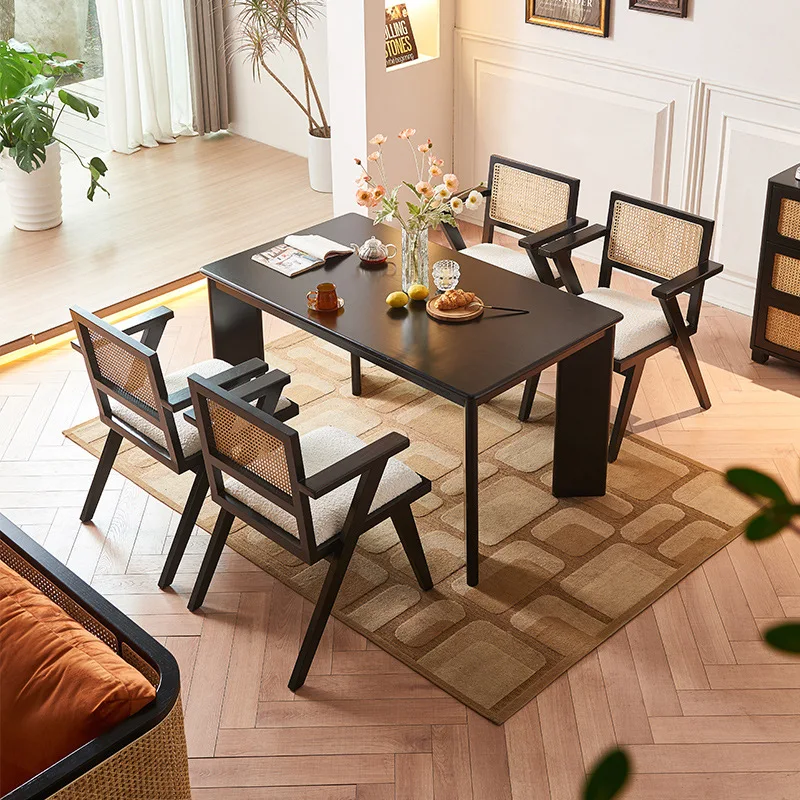 

Customizable Nordic rattan solid wood dining chair black simple wabi-sabi restaurant hotel table and chair combination