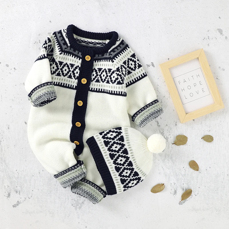 Autumn Newborn Baby Rompers Hats Outfits 2pcs Winter Casual Long Sleeve Knitted Infant Kids Boys Girls Jumpsuits Toddler Costume