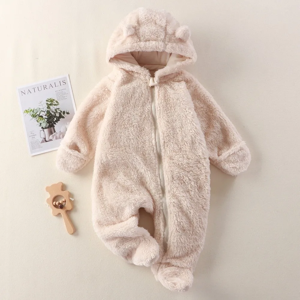 

New Bear Hooded Baby Rompers Warm Winter Fleece Zipper Jumpsuit Zipper Closure Hooded Design Infant Onesies Winter Season