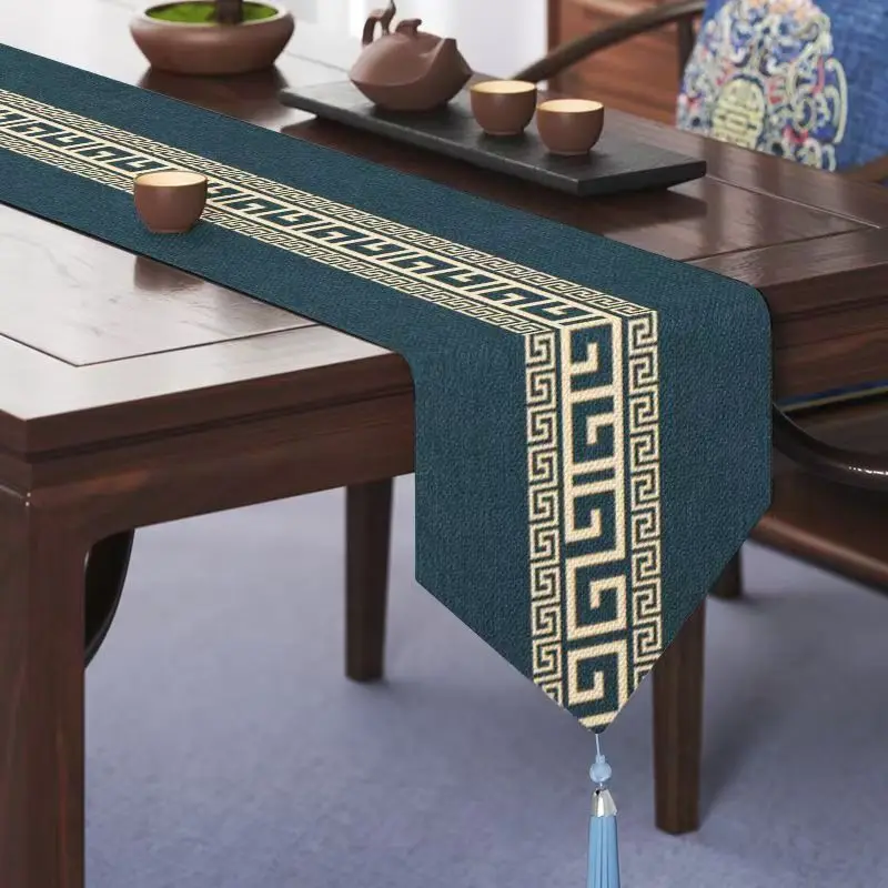 

Chinese Style Table Flag Waterproof Oil Resistant Tassel Table Runner Tea House Tea Towels Zen Tea Table Cloth Hotel Bed Flag