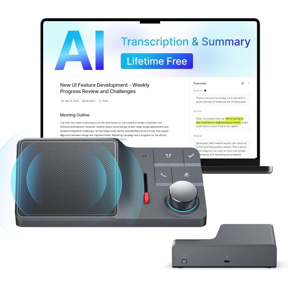 AI Conference Speakerphone with Bluetooth Connectivity, Noise-Canceling Mics, AI Transcription for Home Office Use