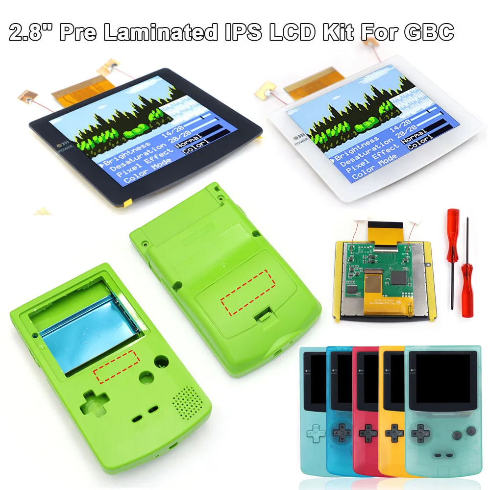 Écran LCD IPS laminé de 2,8 pouces avec rétroéclairage et désaturation FRM pour Game Boy Color GBC avec coque, sans soudure