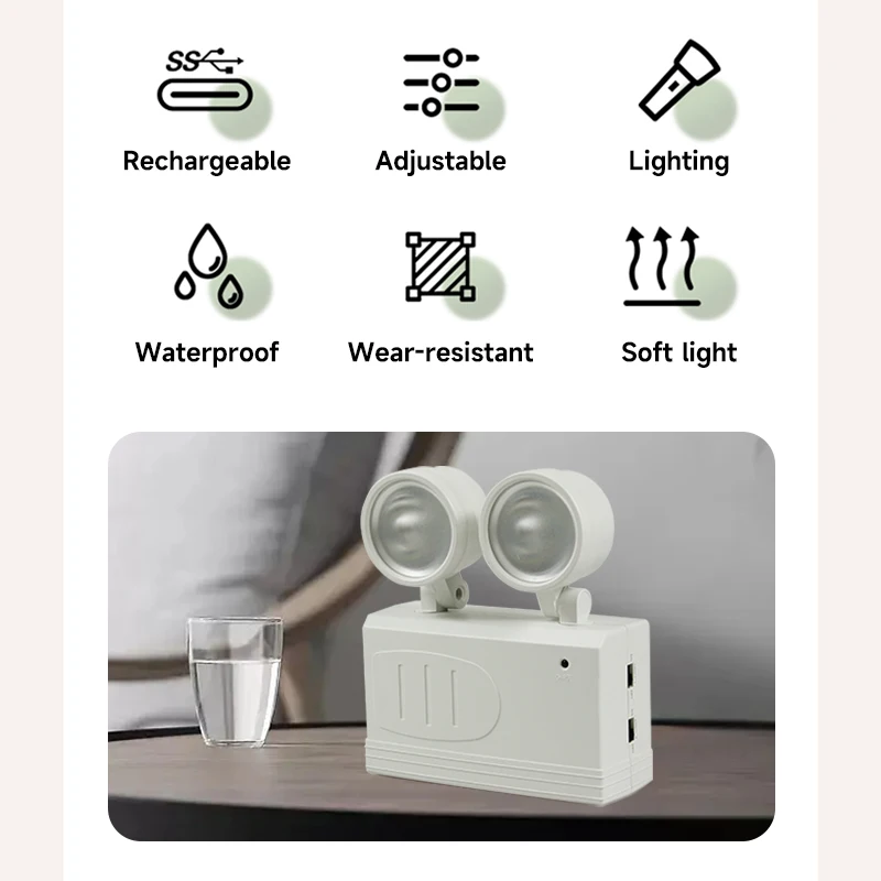 Double Head Emergency Light Wall-mounted Fire Fighting LED Lamp Rechargeable Portable Work Maintenance Lighting for Power Outage