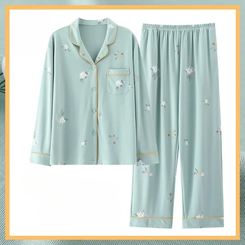 Women Spring Autumn Pajamas Pure Cotton Long-Sleeved Middle-Aged Mom Large Size Homewear Set Casual Simple Comfortable Sleepwear