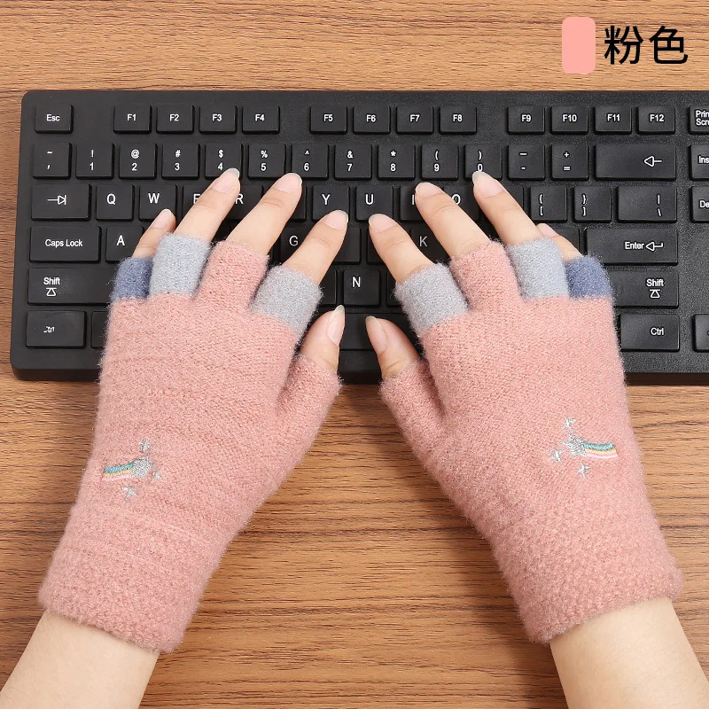 Half Finger Gloves Plush Knitted Gloves Imitation Mink Fur Cartoon Women's Plush Warm Half Finger Gloves Fashionable Warm Gloves